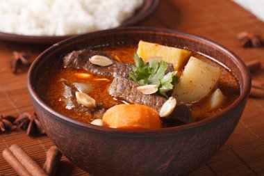Thai massaman curry with beef and peanuts macro. Horizontal