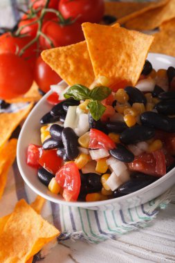 Meksika yemeği: bir kase ve mısır cipsi Nacho makroda salsa. Verti