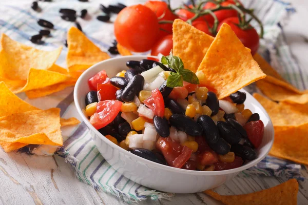 Mexican Food: salsa with black beans and nachos closeup. horizon