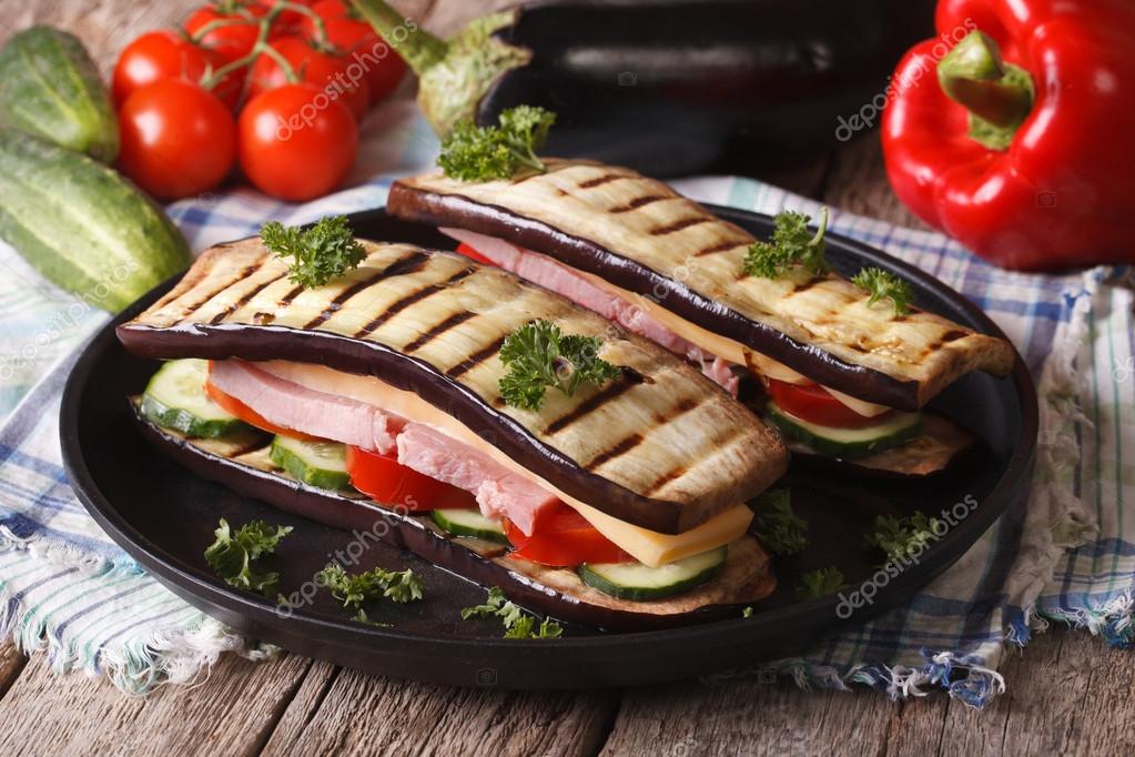 Creative aubergine sandwich close-up on a plate. — Stock Photo ...