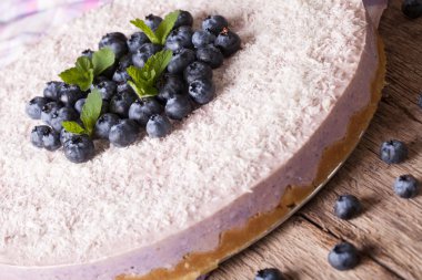 Homemade blueberry cheesecake with coconut close-up. Horizontal