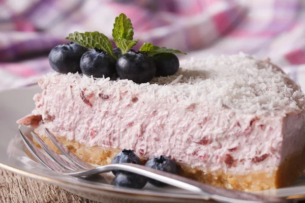 Piece of blueberry cheesecake with coconut macro on a plate. Hor — Stok fotoğraf