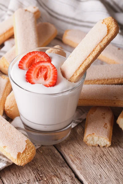 Savoiardi delicious cookies with strawberries yogurt. vertical — Stock Photo, Image