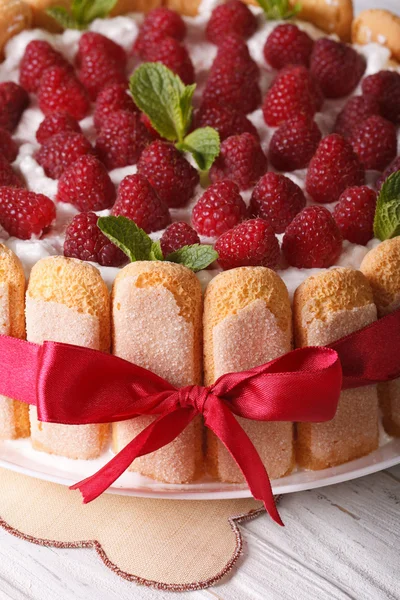 Mooie raspberry charlotte taart op een plaat close-up. Verticaal — Stockfoto