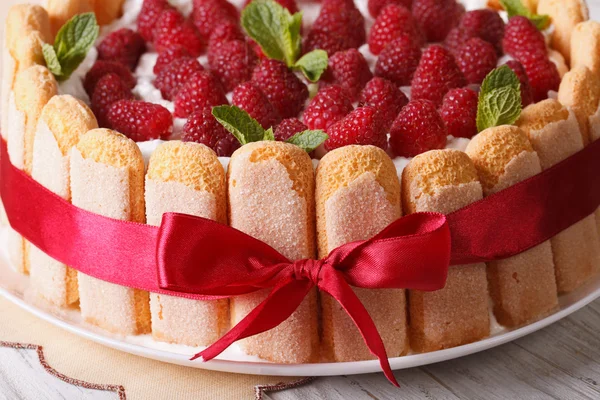 Mooie raspberry charlotte taart op een plaat close-up. Horizont — Stockfoto