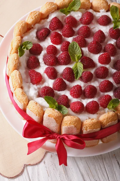 Frans dessert raspberry charlotte close-up op een plaat. verticale — Stockfoto