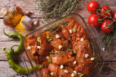 Meat in red marinade with spices close up in bowl. horizontal to