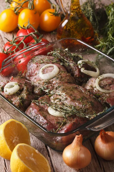 Viande marinée aux oignons, aux herbes et au citron. Vertical — Photo