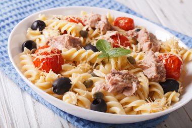 ton balığı, parmesan ve bir kase içinde domates ile düdük makarna. horizo