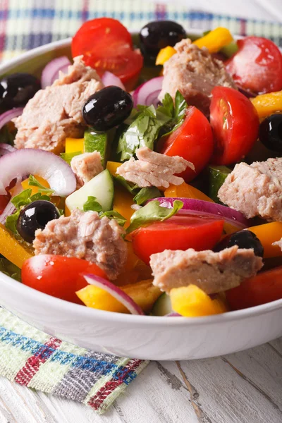 Smakrik sallad med tonfisk och grönsaker närbild i en skål. ve — Stockfoto