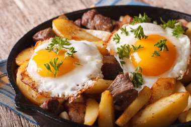 fried potatoes with meat, ham and eggs in a pan close-up. horizo