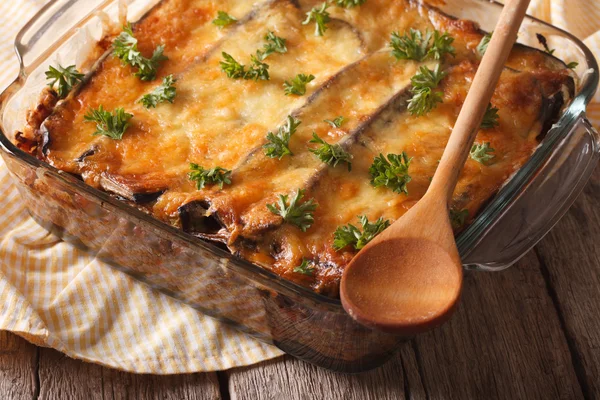 Traditional Greek moussaka close up in baking dish. horizontal — Φωτογραφία Αρχείου