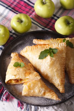 homemade turnover with apple stuffing close-up on a plate. verti