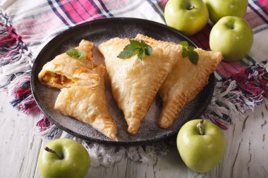 turnover pie with apples close up on a plate. horizontal
