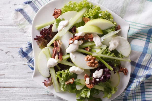 Waldorf Salad with apples, celery and walnuts close-up. horizont — 图库照片