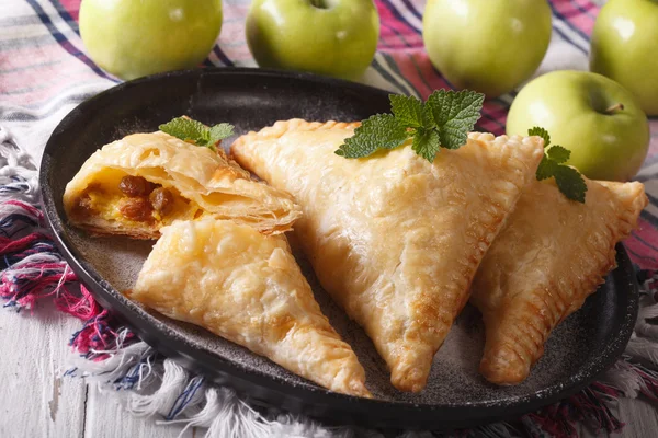 Delicious pie turnover with apples and raisins close-up. horizon — Stok fotoğraf