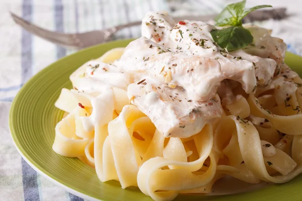 Fettuccine pasta with chicken and cream sauce close-up. Horizont — Stock Photo, Image