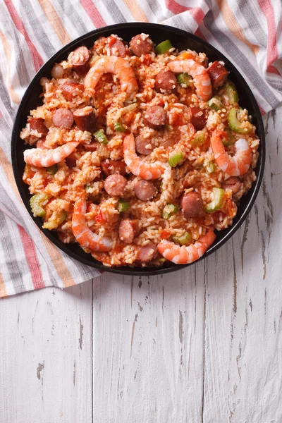 Delicious Creole jambalaya with shrimp and sausage. vertical top — Zdjęcie stockowe