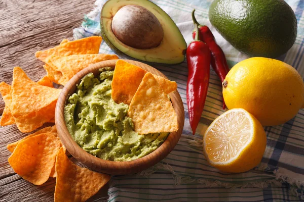 Nachos, guacamole sauce and ingredients close-up. horizontal — Stockfoto