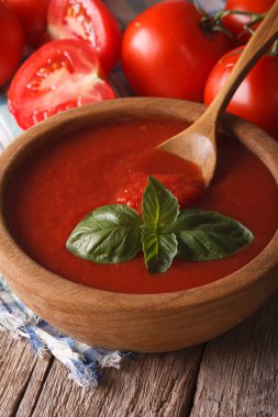 ahşap kase closeup Fesleğenli kırmızı domates sosu. dikey