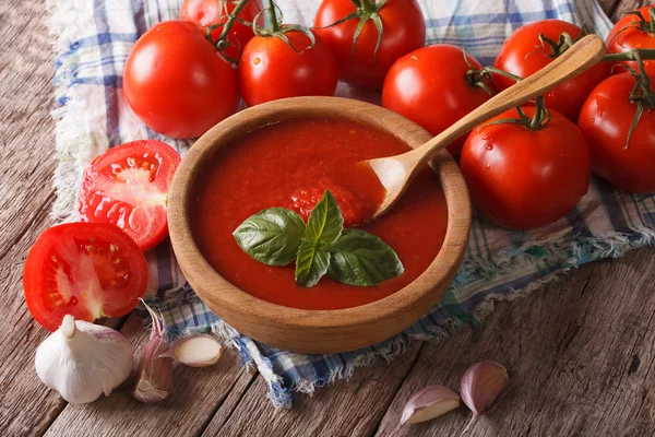 Homemade tomato sauce with garlic and basil closeup. Horizontal — Stock Photo, Image