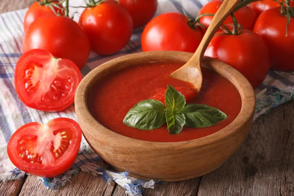 Red tomato ketchup and basil in a wooden bowl closeup. horizont — Stock Photo, Image