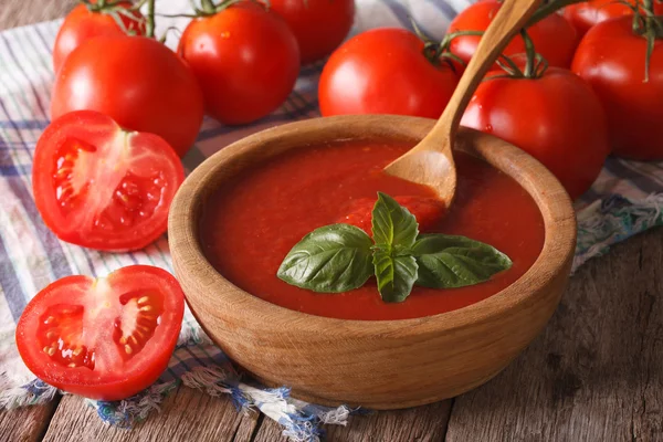 Ketchup de tomate vermelho e manjericão em uma tigela de madeira close-up. horizontais — Fotografia de Stock