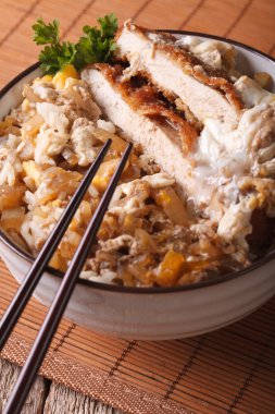 Katsudon, derin kızarmış domuz etinin haşlanmış pirinç closeup tava. Verti