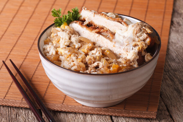 Japanese food Katsudon breaded deep fried pork on rice. Horizont