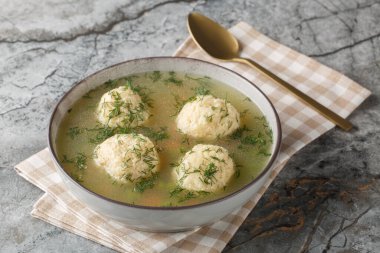 Matzah Ball Soup for Passover closeup on the plate on the table. Horizonta