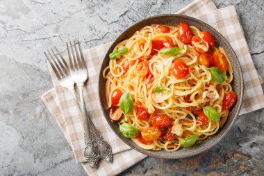 Italian Spaghetti Margherita with tomatoes, mozzarella cheese, basil, garlic and olive oil close-up in a plate on the table. Horizontal top view from abov