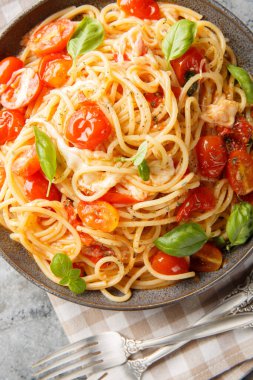 Spaghetti Margherita made stovetop with tomatoes, garlic, olive oil, fresh basil, Mozzarella and tossed with pasta closeup on the plate on the table. Vertical top view from abov