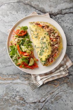 Kahvaltı omleti, ton balığı konservesi ve taze sebze salatası masanın üzerinde. Yukarıdan dikey üst görünüm