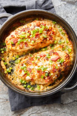 Krem peynirli, pastırmalı, peynirli, soğanlı ve bademli bir milyon dolarlık tavuk. Yukarıdan dikey üst görünüm