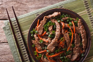 Bulgogi beef slices fried with sesame close-up. horizontal top v
