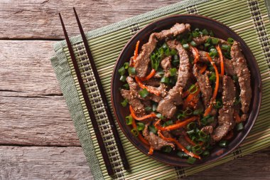 Asian Bulgogi beef slices fried with sesame on plate. horizontal