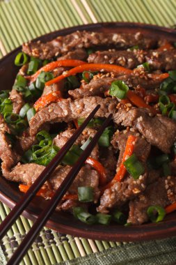 Korean Food: Bulgogi beef with carrot and onion closeup. vertica