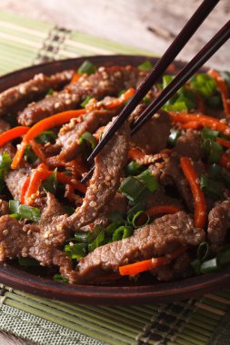 Korean bulgogi beef with carrot and onion on a plate macro. vert