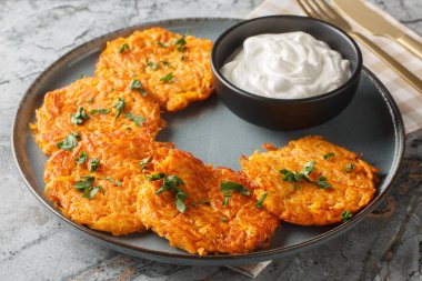 Patates kızartması Hashbrown Patty tabağın üzerine yakın plan. Yatay