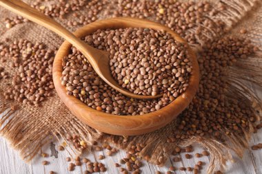 Dry brown lentils in a wooden bowl close-up. Horizontal, rustic clipart