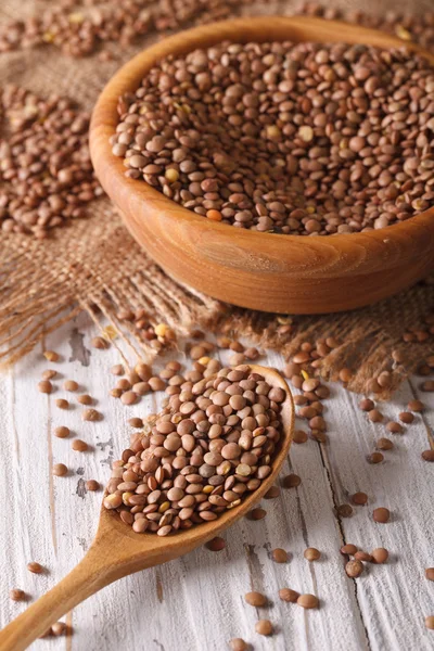 Dry brown lentils on the table close-up. Vertical — Stock Photo, Image