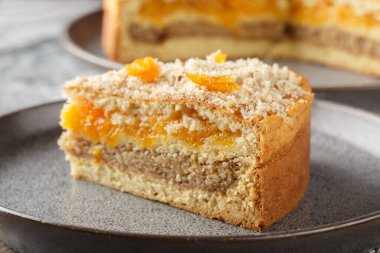 Vejetaryen katmanlı kek, kurutulmuş kayısı ve tabakta yakın plan ceviz dolgusu. Yatay