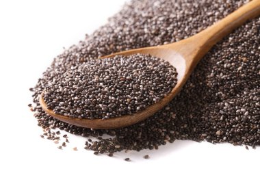 Chia seeds macro in a wooden spoon isolated on a white. Horizont