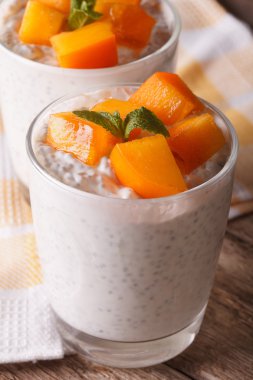 Yoğurt chia tohum ve Trabzon hurması yakın çekim ile. dikey