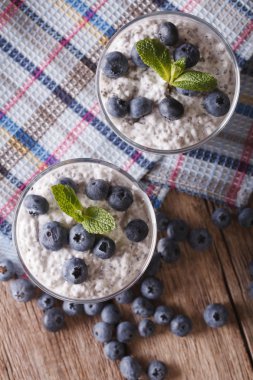 Yoğurt chia tohum ve yaban mersini closeup ile. Dikey üst vie