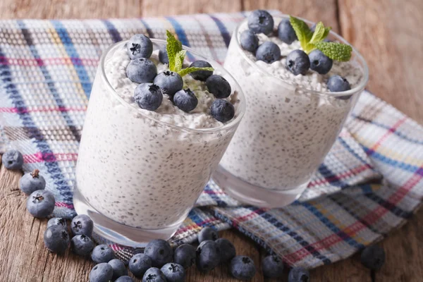 Dessert con semi di chia e mirtilli primo piano. orizzontale — Foto Stock