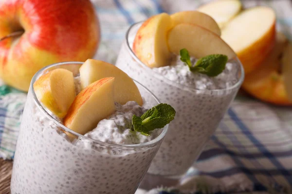 Gesunde Ernährung: Joghurt mit Chiasamen und Äpfeln Makro. Horizonte — Stockfoto