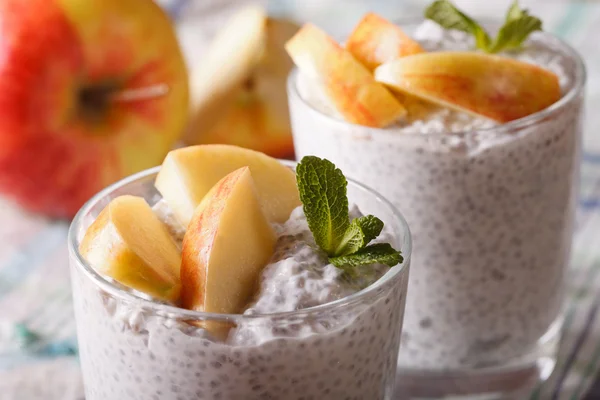 Gesundes Frühstück: Joghurt mit Chiasamen und Äpfeln Makro. hori — Stockfoto
