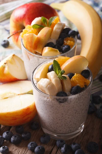 Gesundes Essen: Obst, Joghurt und Samen Chia in einer Glasnahaufnahme. v — Stockfoto