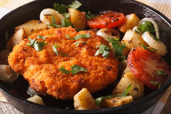 Schnitzel met gebakken groenten in een pan close-up. horizontale — Stockfoto